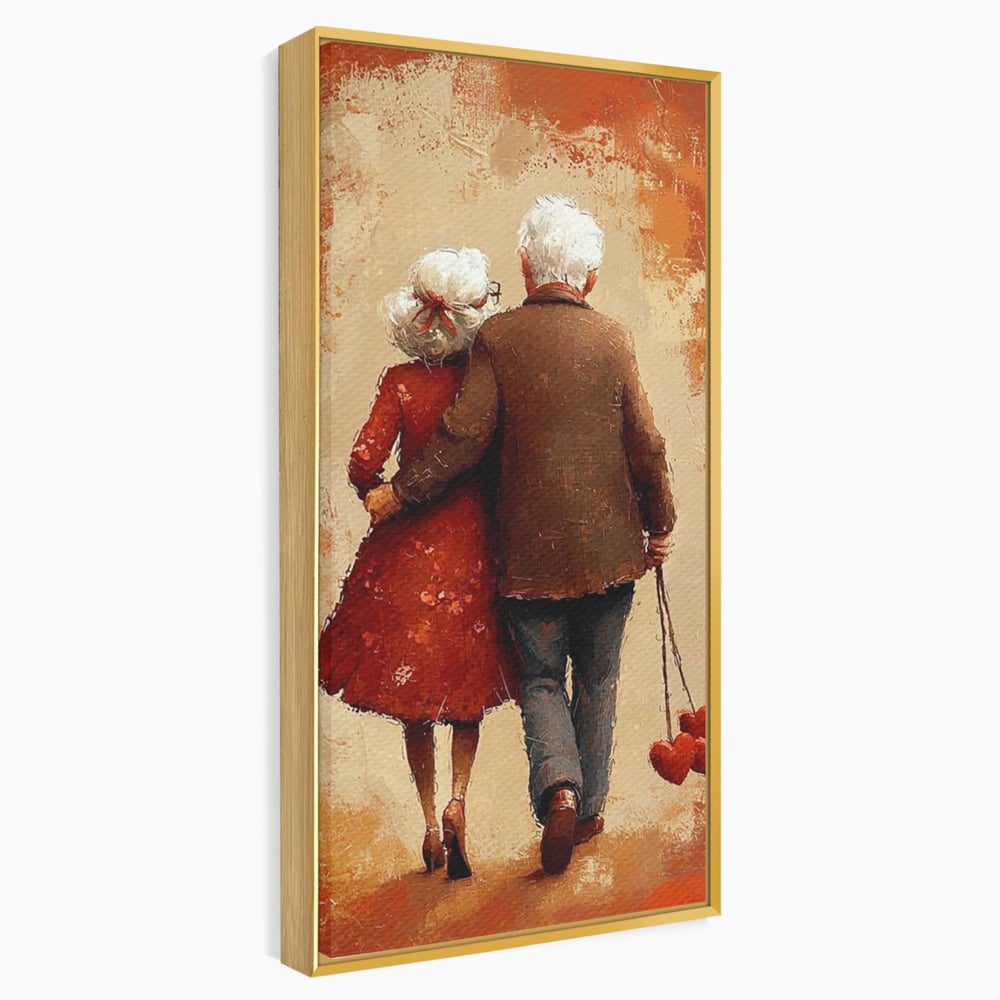 Tablou canvas cu pictura cu un cuplu in varsta imbratisat, in rama de aluminiu auriu